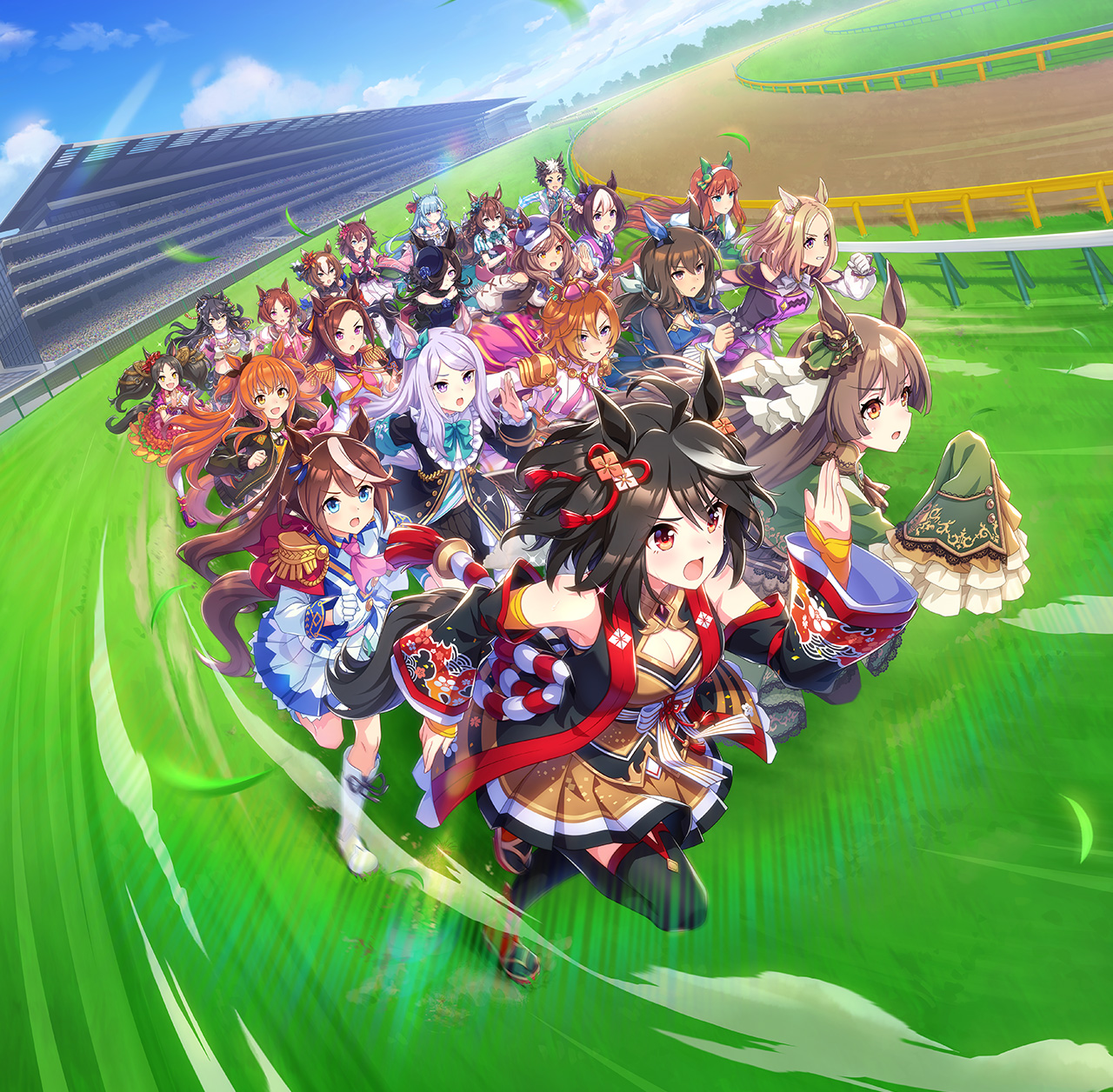 芝コースを走る多数のウマ娘を描いたゲーム1周年新キービジュアル